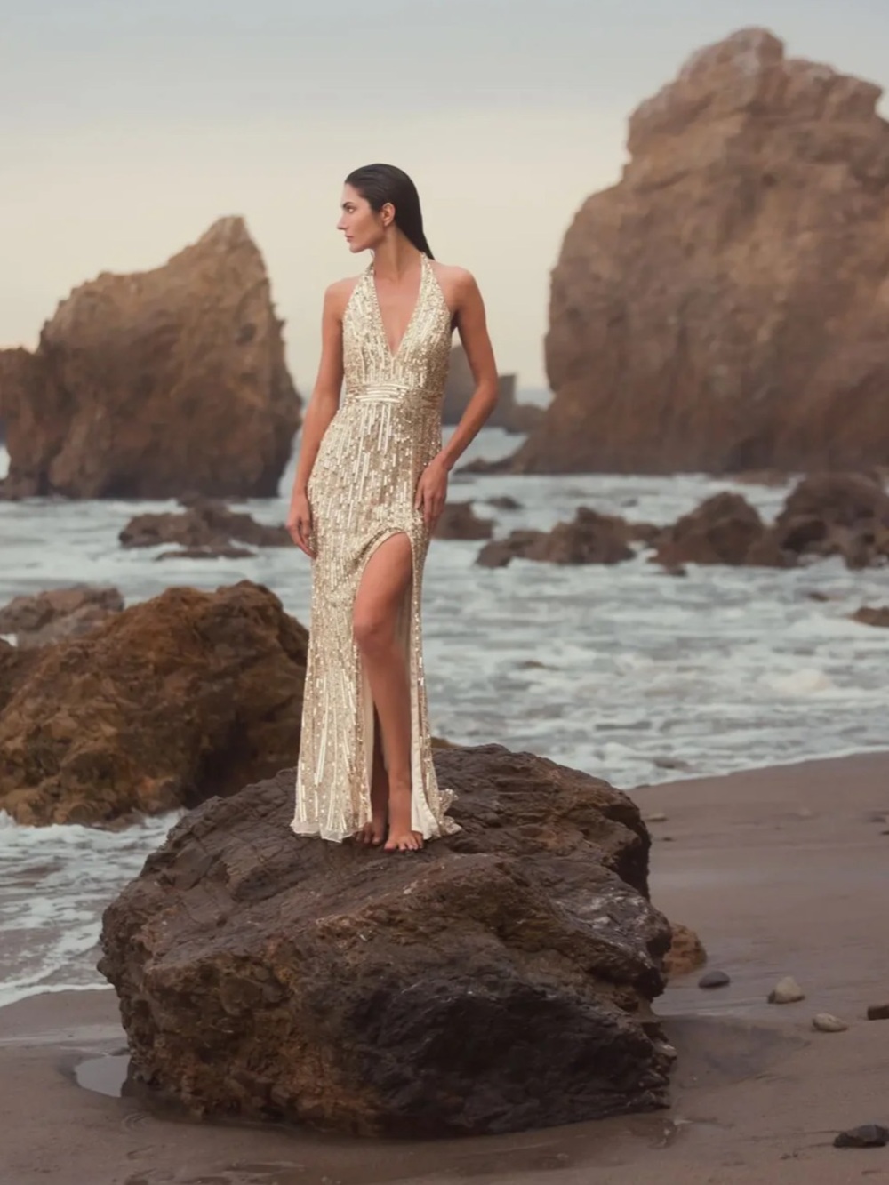 Mac Duggal 5759 Gold Nude Embellished Halter Evening Sheath Gown $598